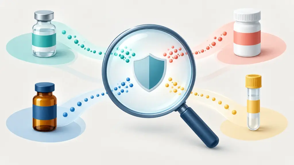 Editorial illustration of a magnifying glass with a shield symbol over four differently colored unbranded medicine containers, connected by matching streams of small colored dots on a pale background.