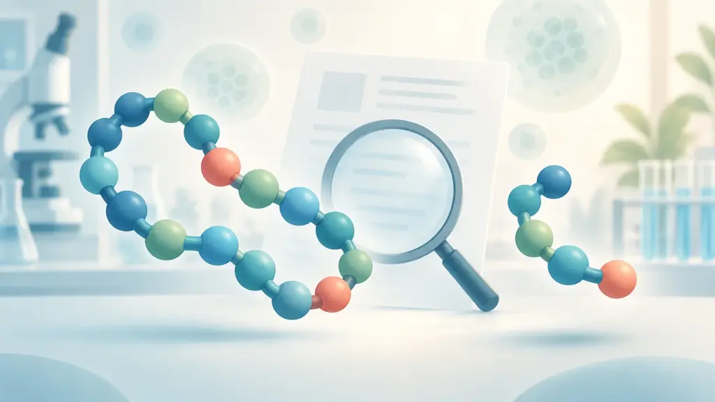 Soft pastel laboratory illustration showing two colorful ball-and-link peptide-like chains floating beside a magnifying glass over an unlabeled document, with a blurred microscope and test tubes in the background.