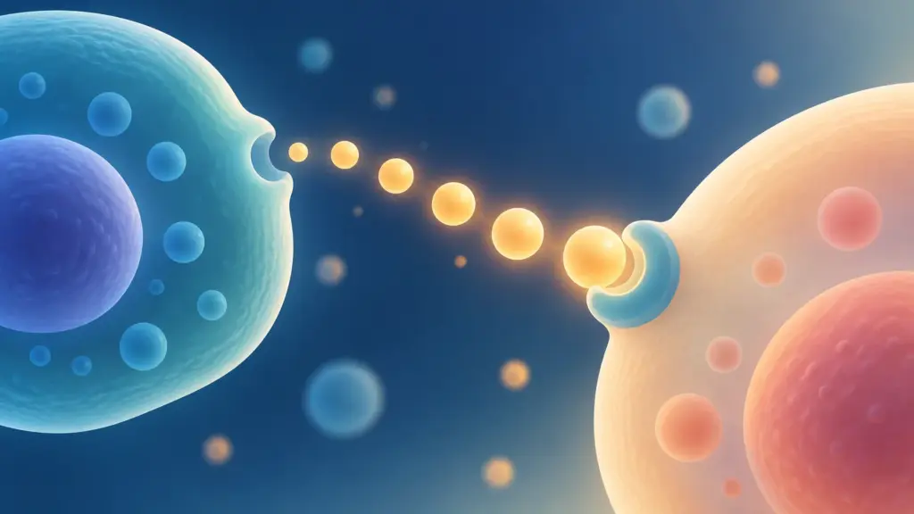 Conceptual illustration of two large rounded cells, with glowing yellow signal particles traveling from the blue cell on the left toward a receptor-shaped opening on the peach cell on the right.